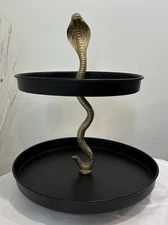 Two Tier Brass Snake Black Metal Serving Tray Stand - 17” Tall X 12” Wide Bottom