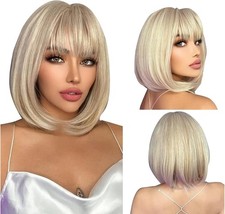 Platinum Blonde Bob Wig with Fringe Straight Short Wigs for Women Ladies Synthe