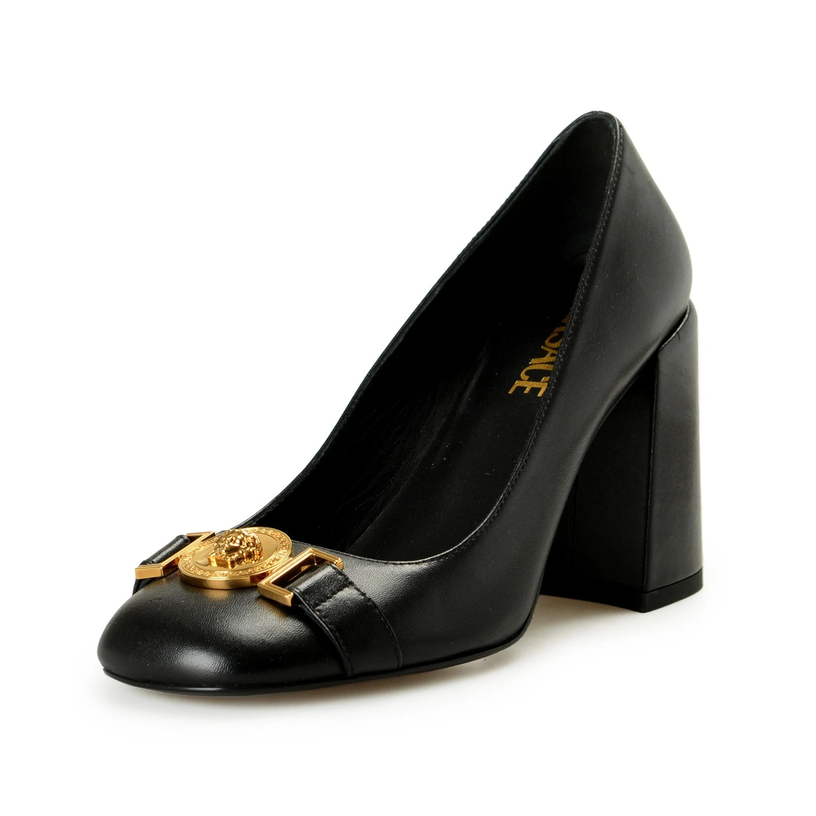 Versace — Versace Women's Gold Medusa Black Leather High Heel Pump Shoes US 9 IT 39