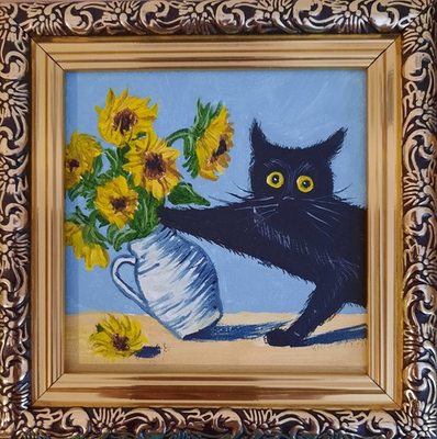 #ad ORIGINAL Oil Painting Black Cat Sunflower Miniature Contemporary Wall Art Animal $42.00