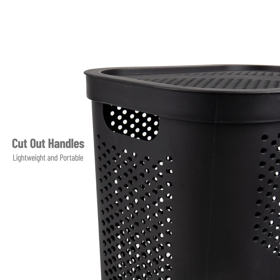 Slim Laundry Basket 60L, Plastic Hamper With Ventilated Lid, Set Of 2, Black - Image 4 of 4