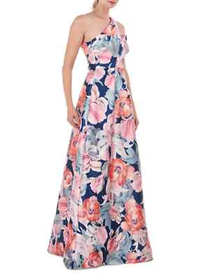 Kay Unger Marine Blue Senna Floral Mikado One-Shoulder Gown Size 2 $328