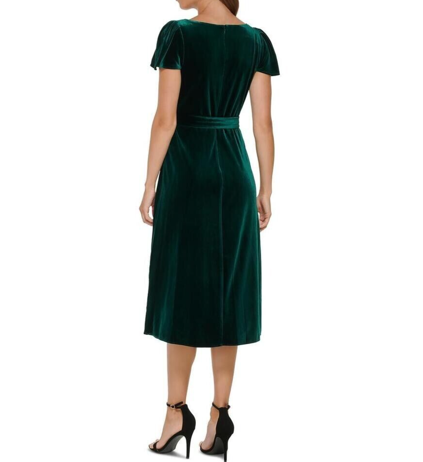 DKNY WOMEN'S HUNTER GREEN VELVET MIDI DRESS, V NECK TIE WAIST SIZE
