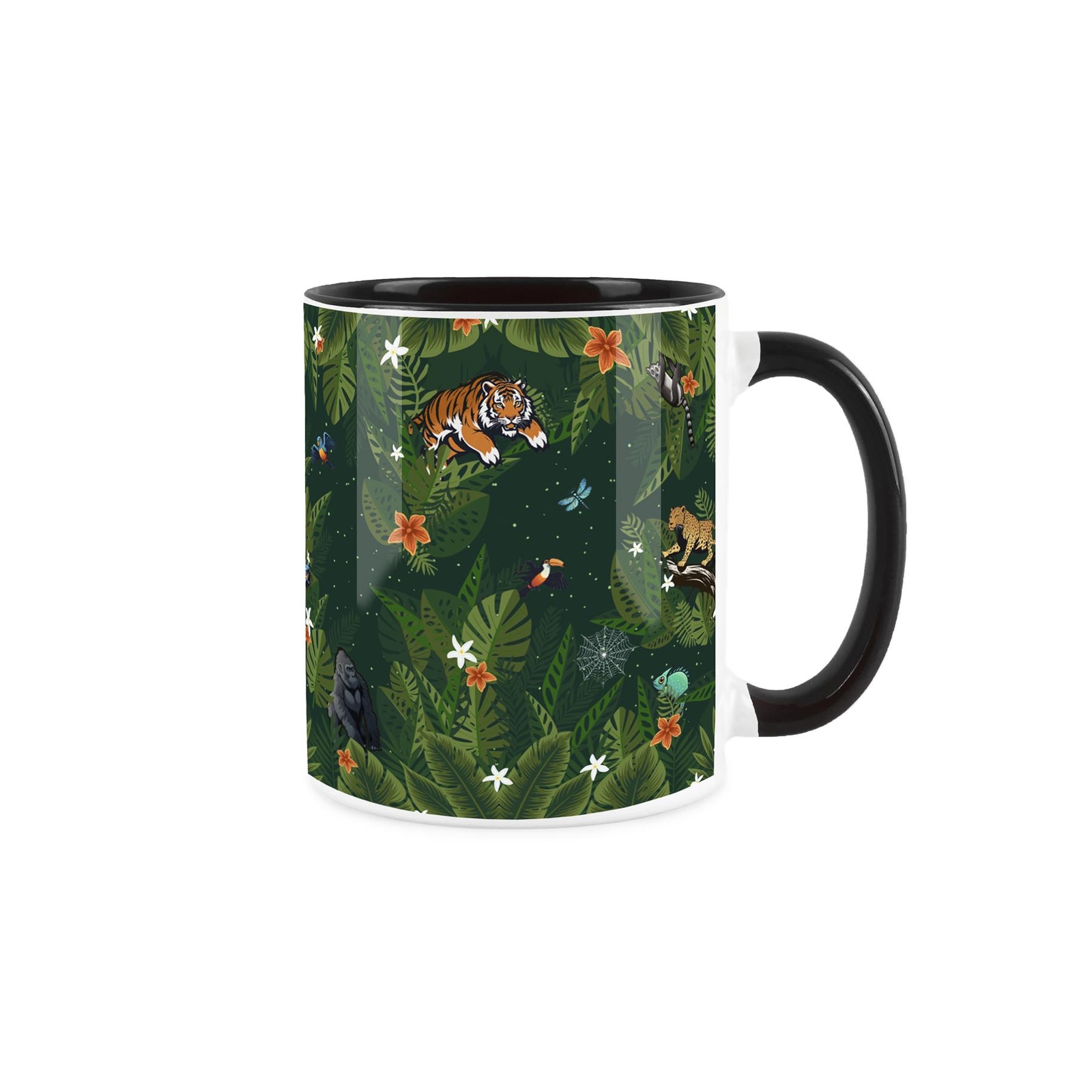 Jungle Foliage Mug - Wild Animals Tropical Rainforest Gift - Black Ceramic Cup