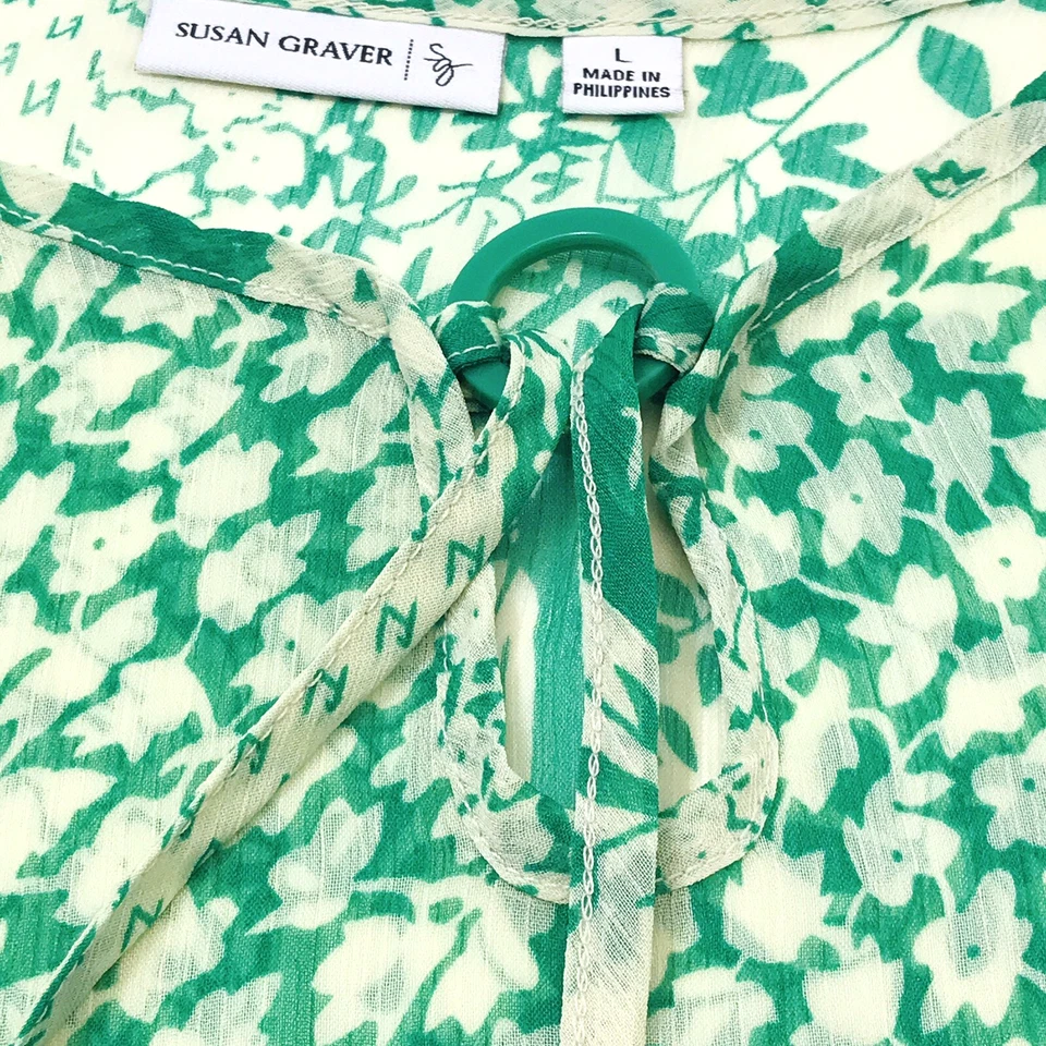 Blusa SUSAN GRAVER Verde/Marfil Floral Arrugado Volantes Hada Transparente Top Fluido Talla L Foto 4 de 4