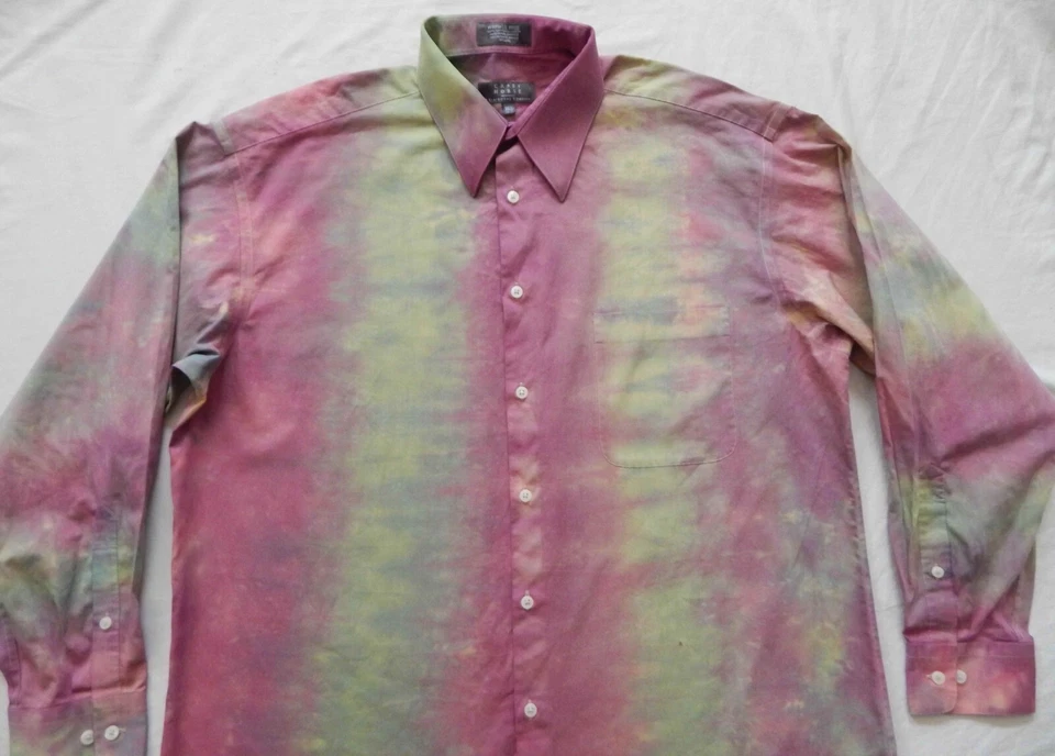 Camisa social Tie Dye rosa roxo amarelo listrado manga longa botão para cima masculina grande - Imagem 4 de 4