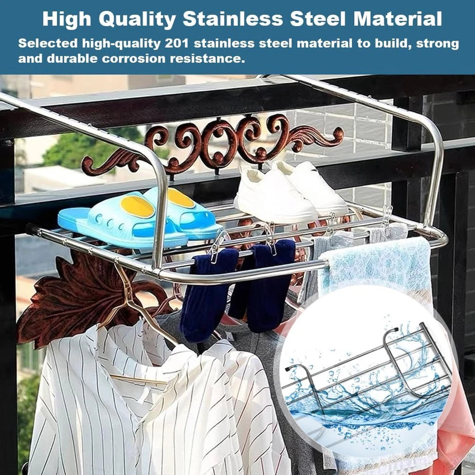 Stendino Da Balcone Allungabile 42-66Cm Appendibile Estensibile in Acciaio Inox - Immagine 3 di 4