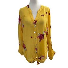 37-19 Fig  Flower Yellow Embroidered Long Sleeve Blouse Size L
