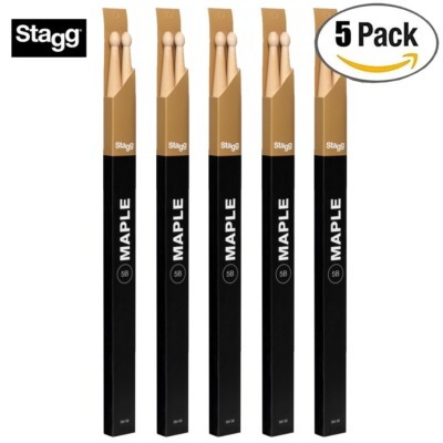 5-PACK Stagg 1-Pair Maple 5B Wooden Tip Drum Sticks SM5B