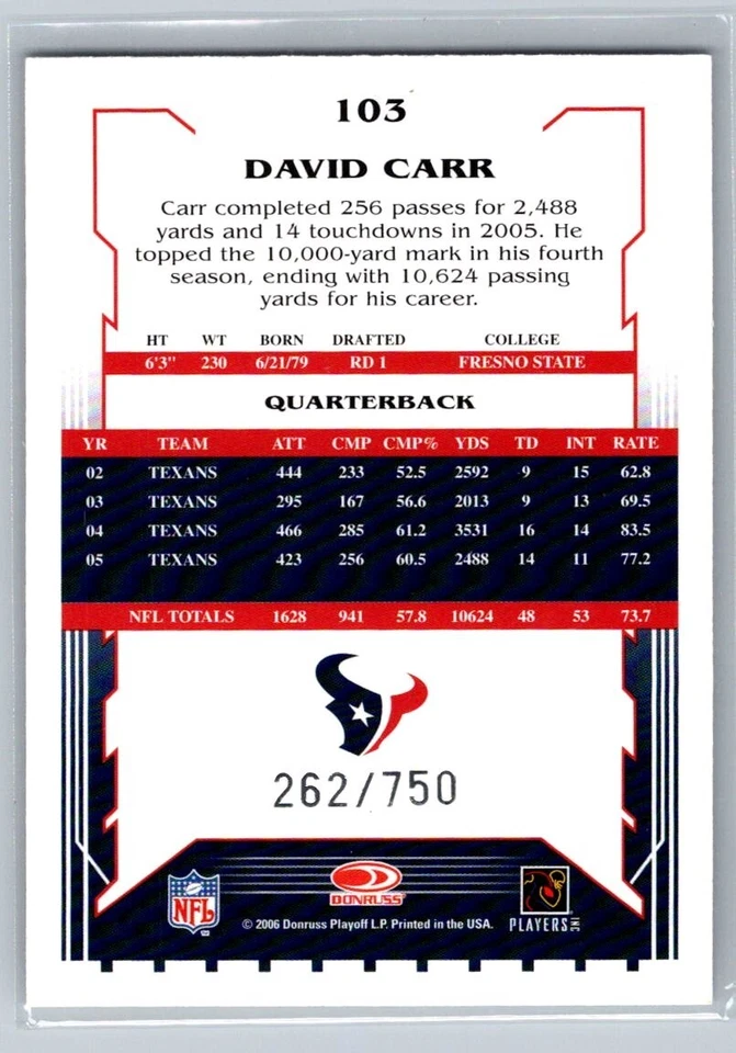 2006 Score Scorecard /750 David Carr #103 - Image 2 of 2