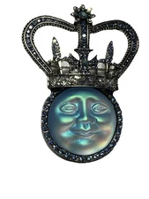 Brooch Gold Tone Rhinestones Blue Moon Face With Crown Pendant jewelry sun