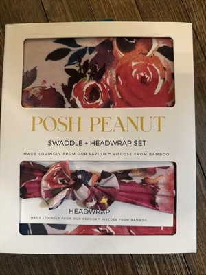 Posh Peanut Pink Roses Swaddle + Bow Headwrap Set Bamboo Pink NEW Dusk Roses