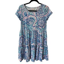 Lilly Pulitzer Geanna Tiered Cotton Shift Dress Blue Pink Shell Print Sz S