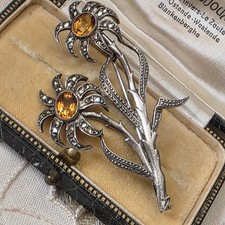 Broche Art Déco en Argent Massif - Marcassites & Topazes