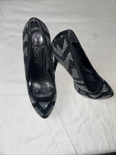 Aldo 5 inch shield black-and-white rhinestone Chevron print high heel women7.5