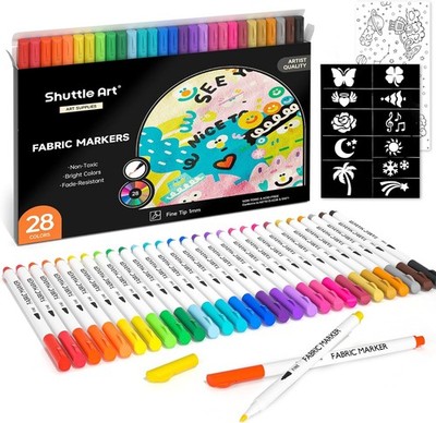 Shuttle Art Textilstifte Waschmaschinenfest, 28 Farben Textilmarker Set mit 11