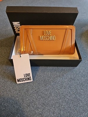 NWT LOVE MOSCHINO Zip Around Striped Wallet With Logo Brown Boxed Gold PU