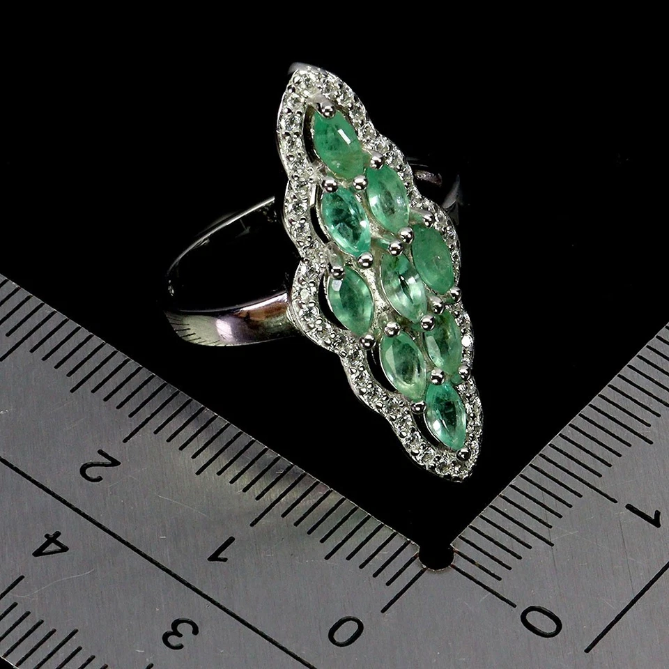 Anillo de plata de ley 925 marquesa esmeralda piedras preciosas naturales joyería talla 8 Foto 3 de 4
