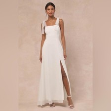 LULU'S Large Radiant Romance White Tie-Strap Square Neck Maxi Bridal Dress