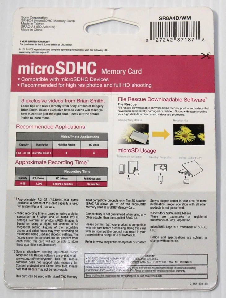 New Sealed Sony 8GB X2 Micro SDHC Cards & 1 SD Adapter SR-8A4D/TQ2 SDHC Class 4 - Image 2 of 2