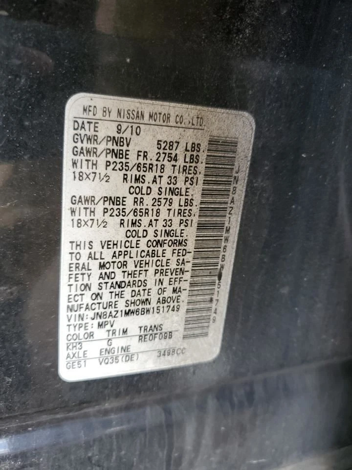 2011 Nissan Murano Driver Left Front Window Regulator OEM Used 4DR 159K Foto 2 de 4