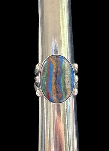 Vintage Signed Sterling Silver 925 & Rainbow Calsilica Ring