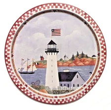 Lighthouse Flag Serving Tray Nautical Ships on Bay Metal Round 13-inch Gift NEW