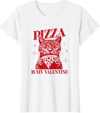 Pizza Is My Valentine Cat Meme Retro Valentines Day Ladies' Crewneck T-Shirt