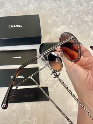 Chanel 4245 Round Dark Silver Metal Chain Sunglasses Orange 