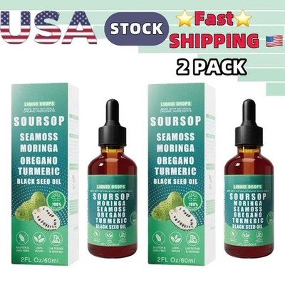 2PACK Pure Soursop 10 in 1 Liquid DropsExtract-Seamoss,Moringa,Black SeedOil