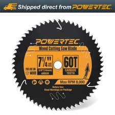POWERTEC 7-1/4" Circular Saw Blade 60T 5/8" Arbor ATB Carbide Tipped Wood Cut