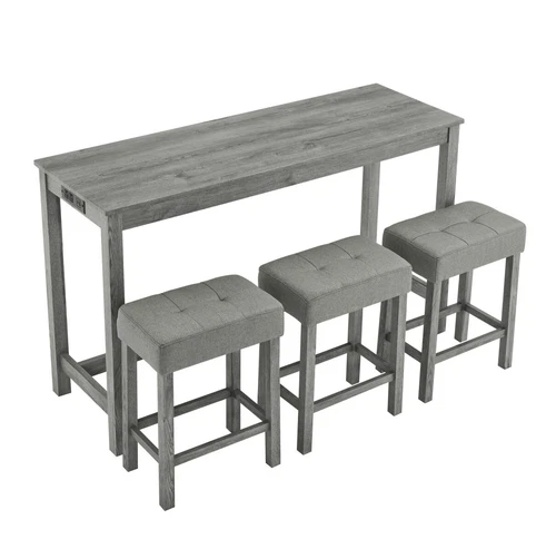 59 Inch Bar Table Dining Table Sofa Table with Power Outlet 3 Upholstered Stools