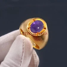 Natural Amethyst Gemstone with Gold Plated 925 Sterling Silver Men's Ring #4854