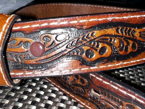 Youth Nocona Hand Tooled Brown Leather Belt Steer Two Tone Buckle Sz. 24 Western - Picture 3 of 13