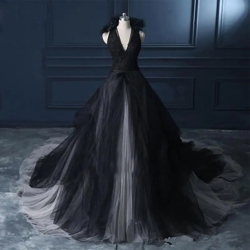 black and white halter wedding dresses Black And White Tulle Wedding Dresses Gothic Halter Backless Bridal Gowns