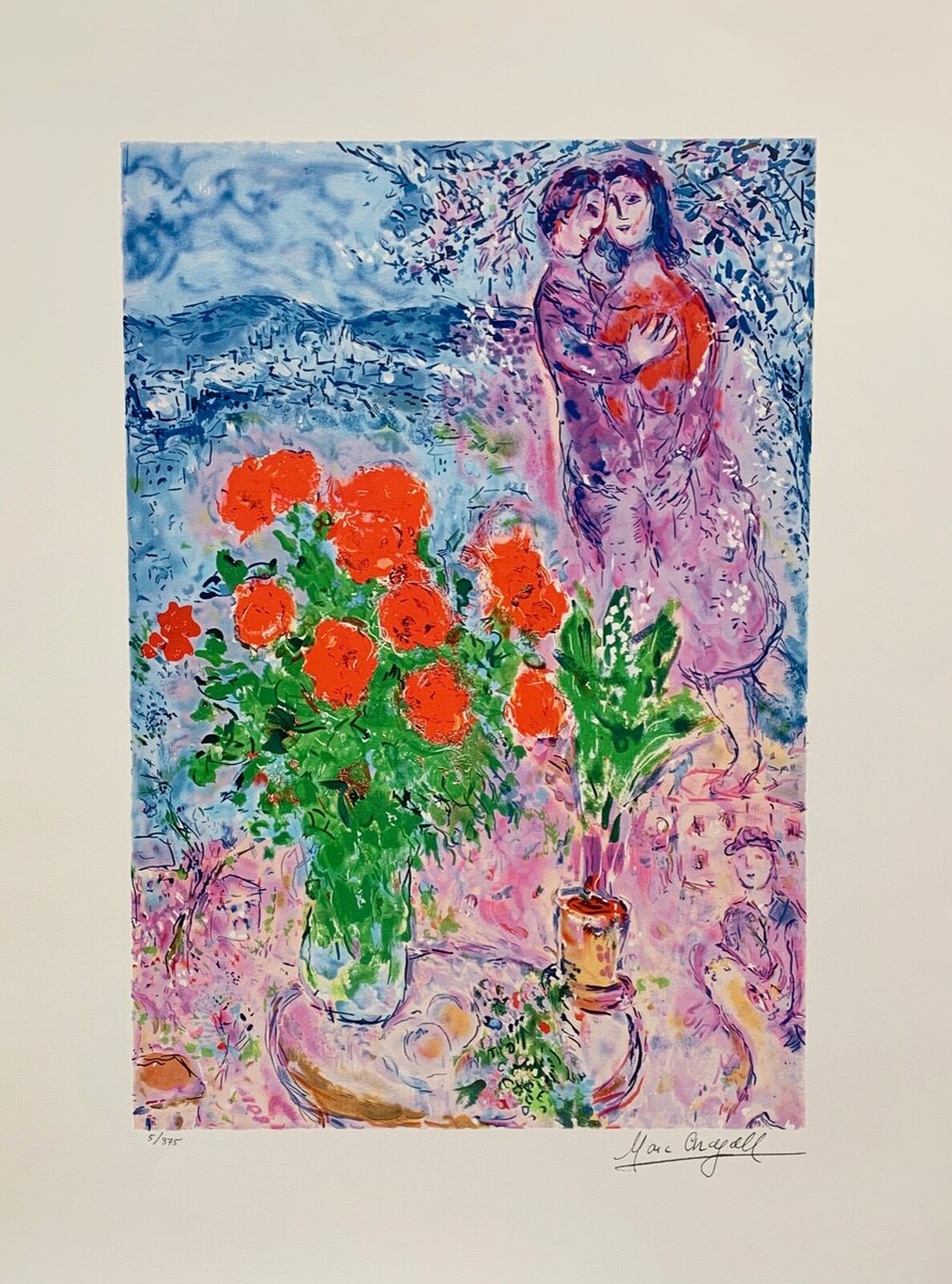 Marc Chagall RED BOUQUET & LOVERS Limited Edition Facsimile Signed