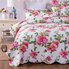 DaDa Bedding Romantic Roses Spring Pink Valentine Scalloped Floral Bedspread Set