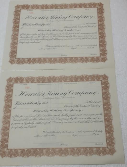Pair HERCULES MINING CO Stock ctf #799/803 unissued MINT Delaware 1892-1947 RARE
