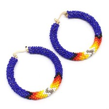 Handmade beaded 2 inch Deep Blue Native style hoop earrings