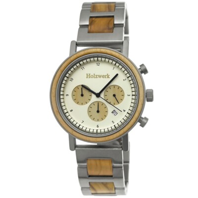 Holzwerk VIERSEN Herren Edelstahl Holz Chronograph Uhr, silber