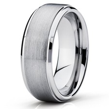 Men's 8mm Silver Stepped Tungsten Carbide Matte/Polished Wedding Band Ring