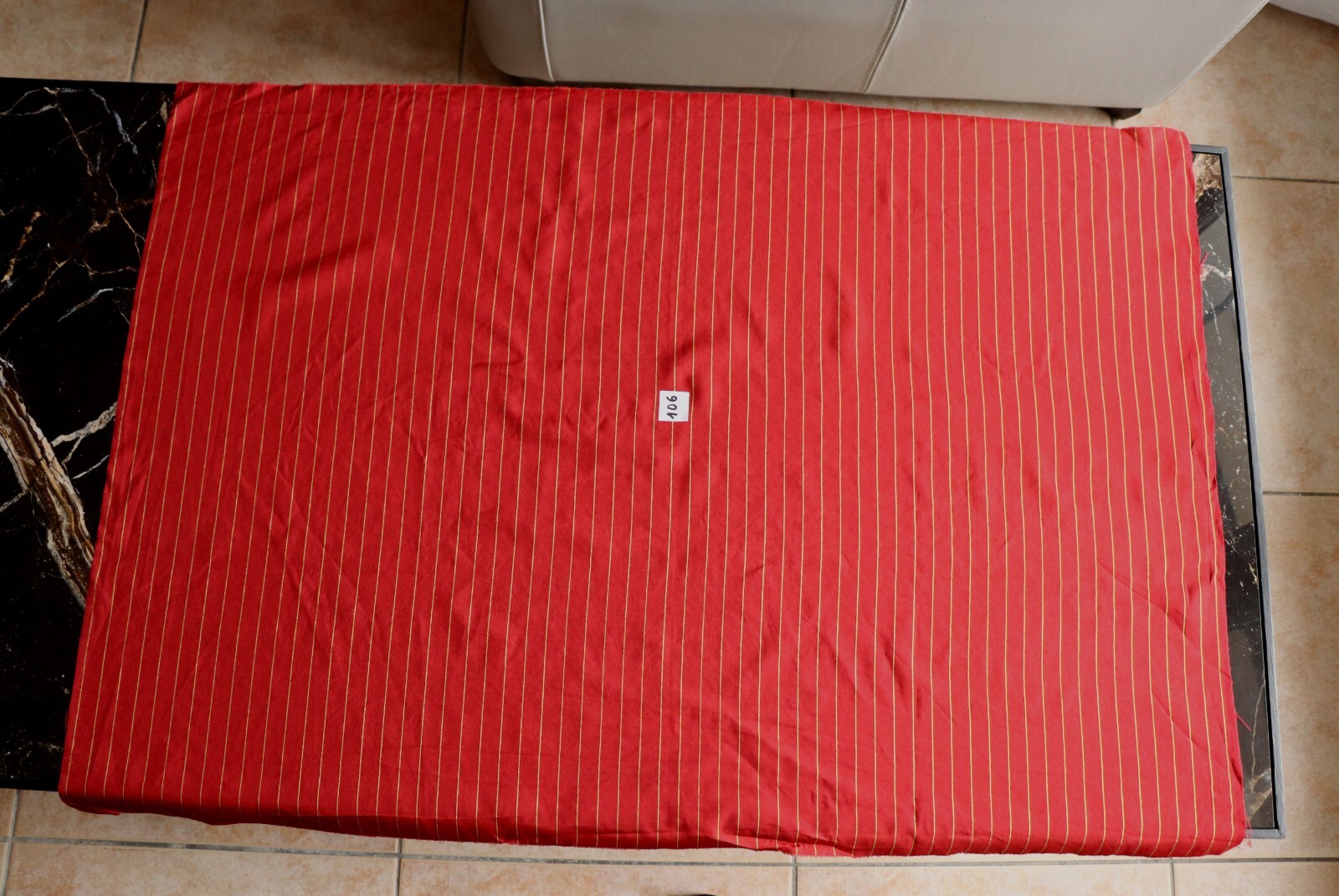 Coupon De Tissu Rayures Bordeaux Et écru - Motif Fleuri, Coton, 90 Cm X 100 Cm Environ, Occasion, Pour Ameublement