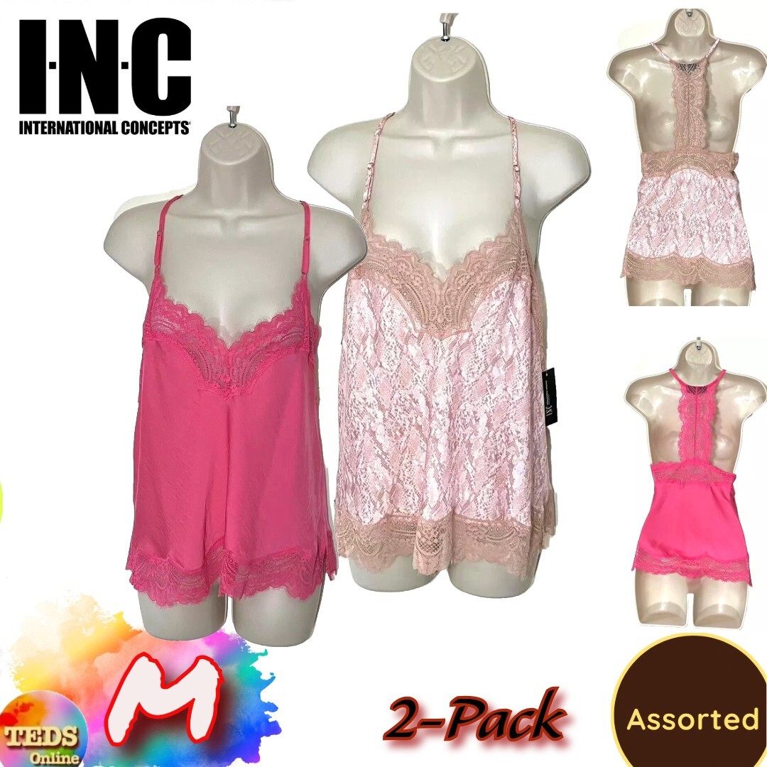 NWT 2-Pack INC Womens M Lace-Trim Satin Sleep Top Assorted | eBay