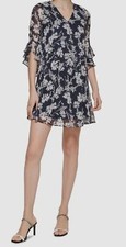 Calvin Klein Women's Black 3/4-Sleeve Printed Chiffon Dress Size 2