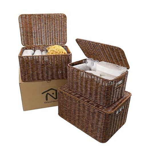 Baskets with Lids, Wicker Storage Baskets with Lids, Shelf Baskets for Toffee