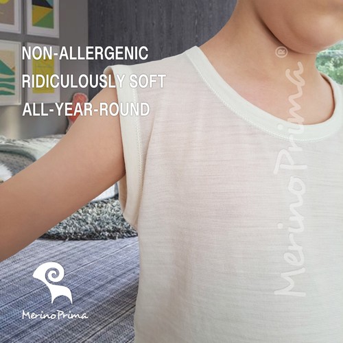 Natural Merino Wool Sleeveless Kids T-Shirt - Winter Underwear for Girls Boys - Picture 3 of 10