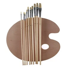 S4O Artist Paintbrush + Wood Flat Palette - 10 Wood Handle Brushes + Paint Tray