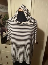 PAKO LITTO Ladies Top Size XS/S Ivory Blue Linen Mix Knit Hooded Short Sleeve