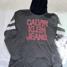 CALVIN KLEIN Kids Boys Large 14/16 T Shirt Long Sleeve Hooded Gray Hoodie