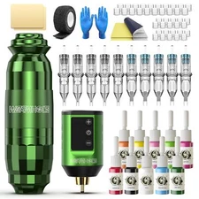 Wormhole Tattoo Pen Gun WIRELESS Machine Kit Power Supply Cartridge Needles INKS